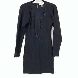 Collections Michelle Stuart Dress Womens S Black Beaded Lace Trim Above Knee VTG